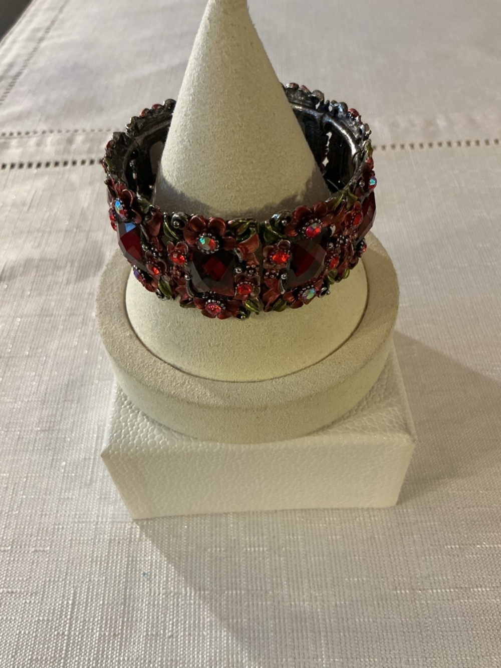 Ruby Red and Rhinestone Antique Pewter Tone Stretch Bracelet